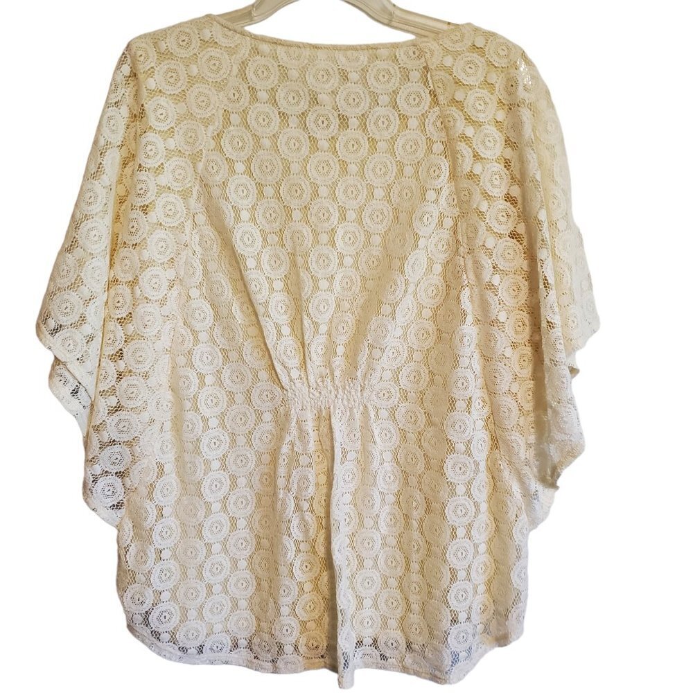 Chico's Lace Overlay Sheer Blouse with Batwing Sleeves - Picture 2 of 11